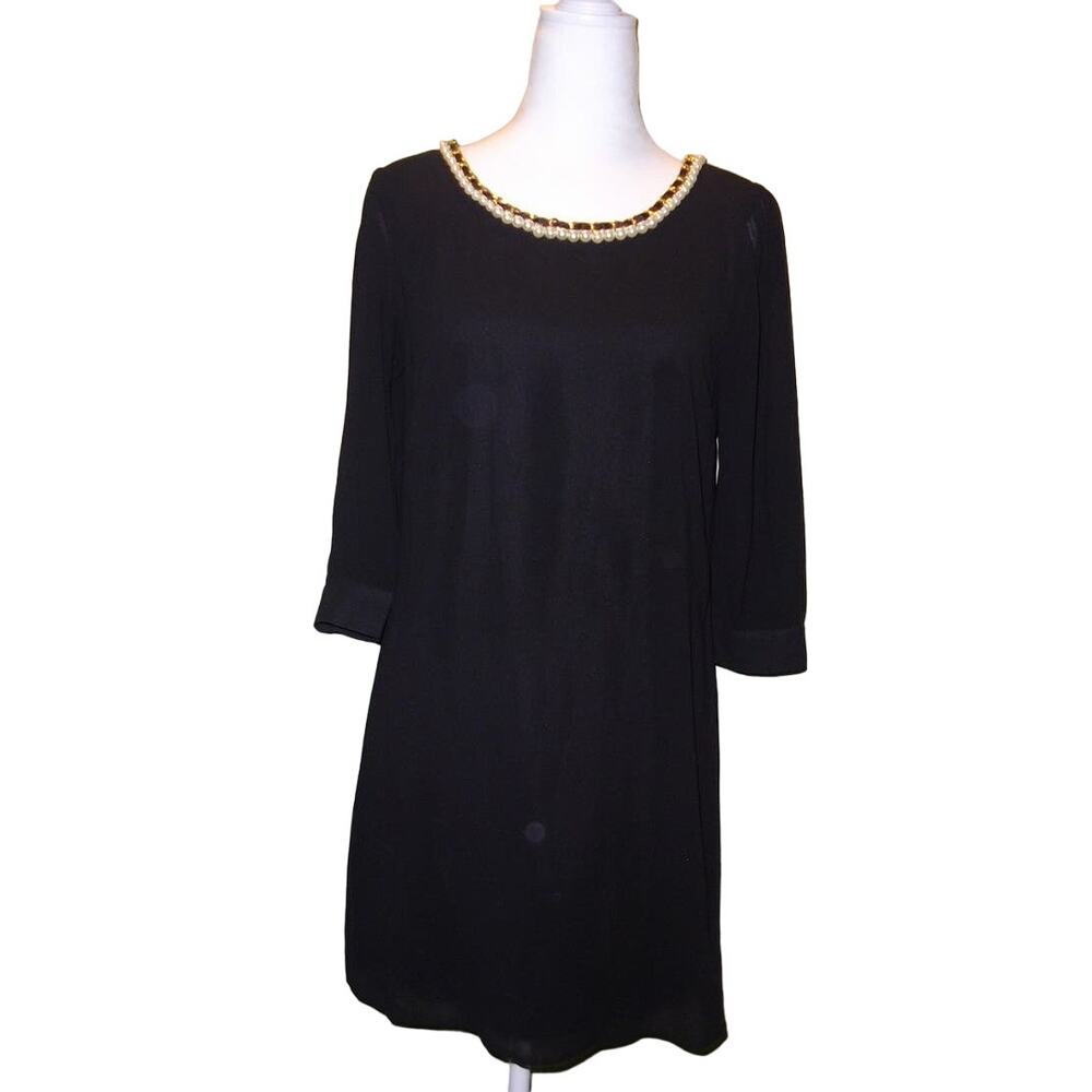HeartSoul Chic Minimalist Retro Pearls Neckline Black Midi Shift Dress S
